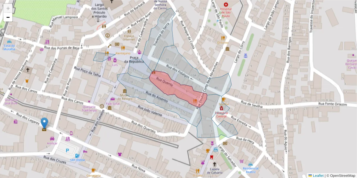 Mapa detalhado do código postal 7830-369 com limites, códigos postais vizinhos e agências dos correios