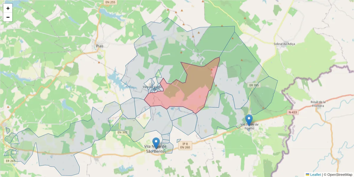 Mapa detalhado do código postal 7830-532 com limites, códigos postais vizinhos e agências dos correios