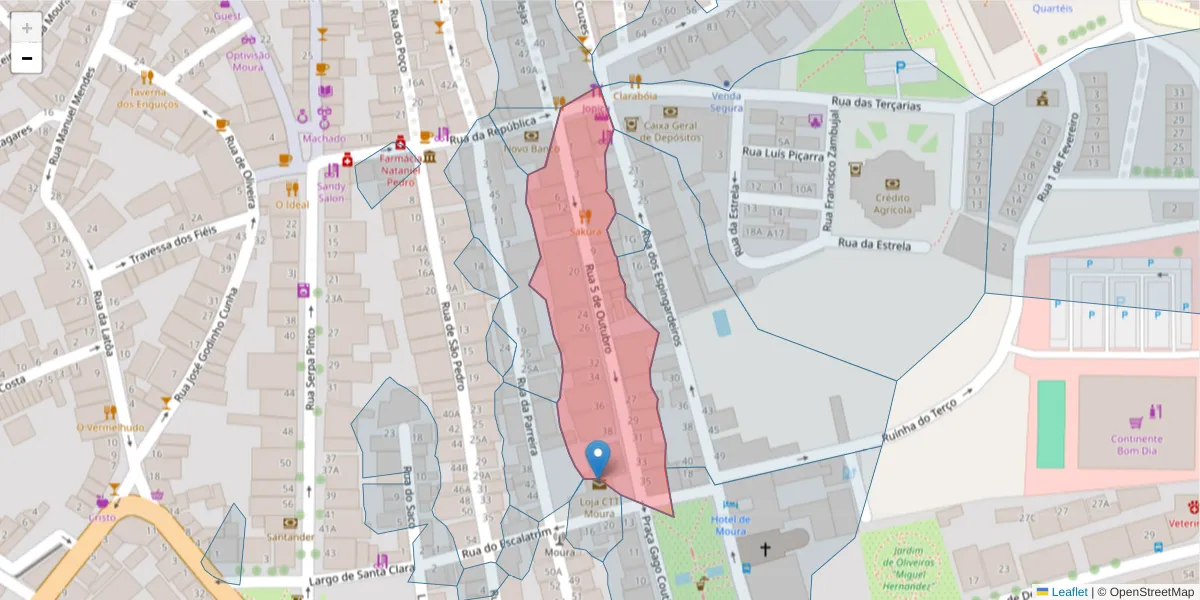 Mapa detalhado do código postal 7860-013 com limites, códigos postais vizinhos e agências dos correios