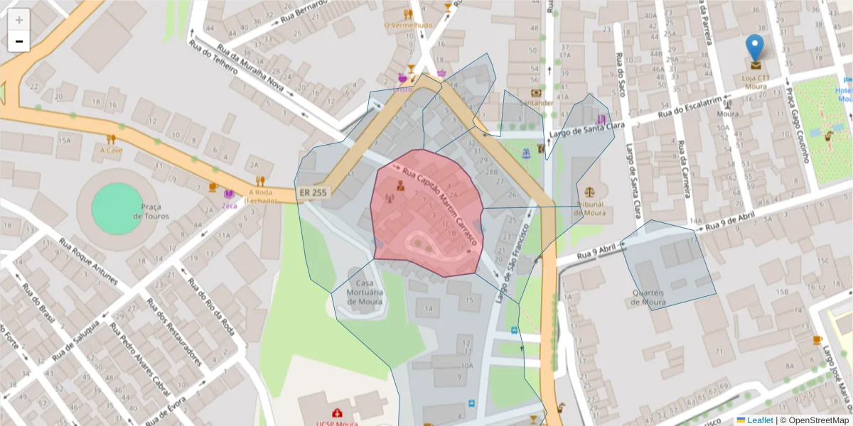 Mapa detalhado do código postal 7860-017 com limites, códigos postais vizinhos e agências dos correios