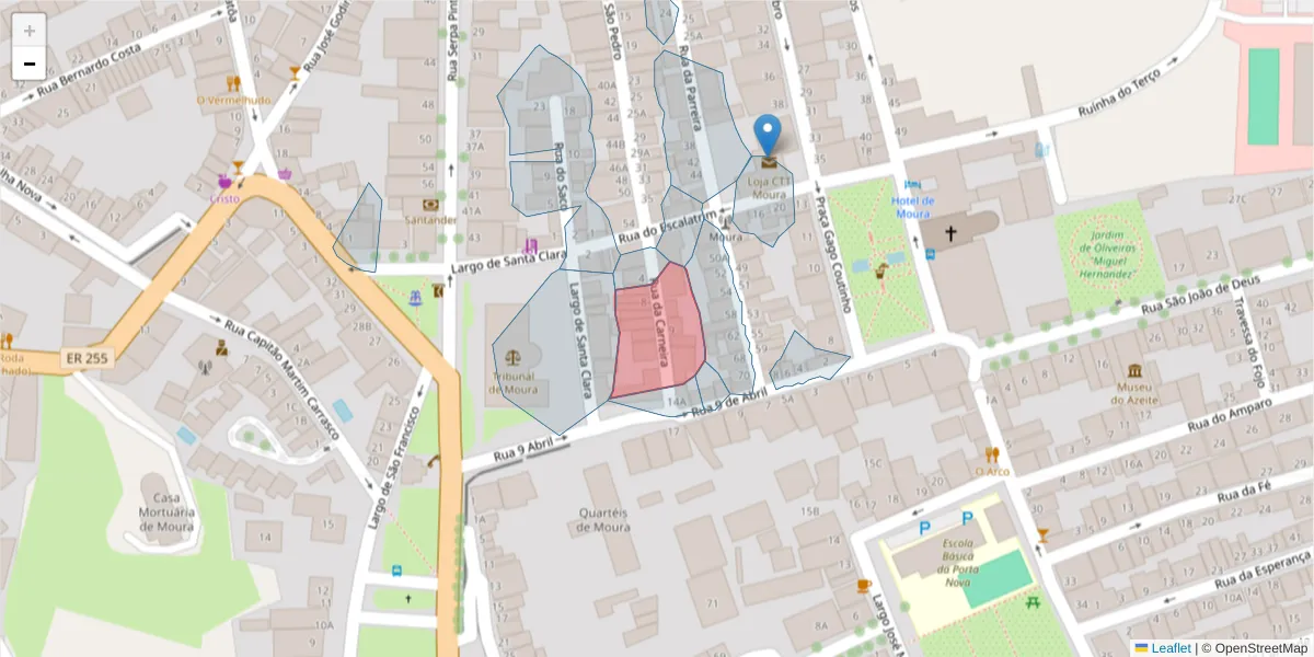 Mapa detalhado do código postal 7860-021 com limites, códigos postais vizinhos e agências dos correios