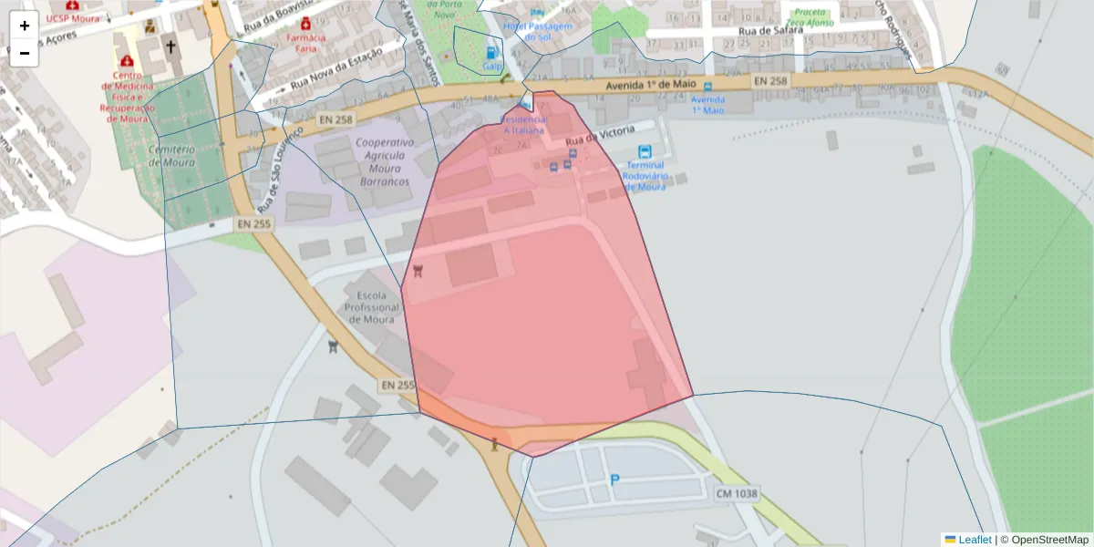 Mapa detalhado do código postal 7860-033 com limites, códigos postais vizinhos e agências dos correios