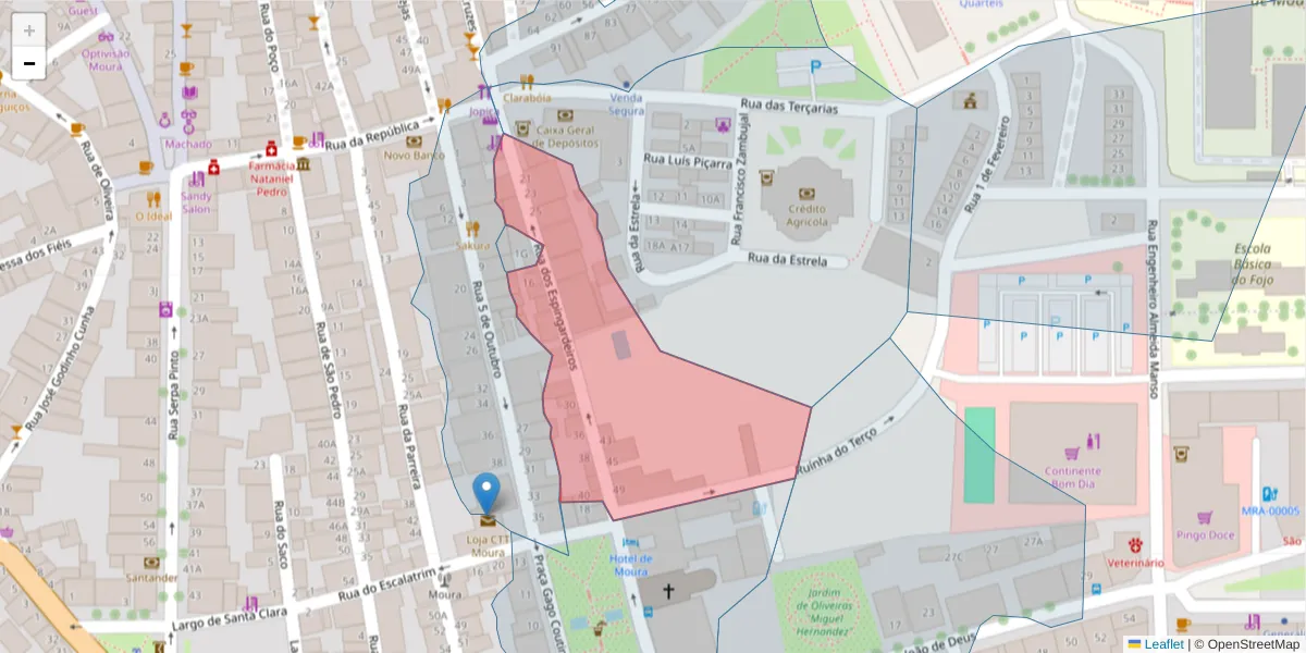 Mapa detalhado do código postal 7860-054 com limites, códigos postais vizinhos e agências dos correios