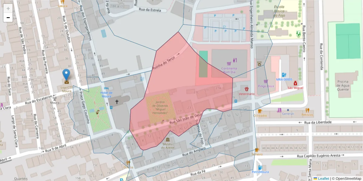 Mapa detalhado do código postal 7860-068 com limites, códigos postais vizinhos e agências dos correios