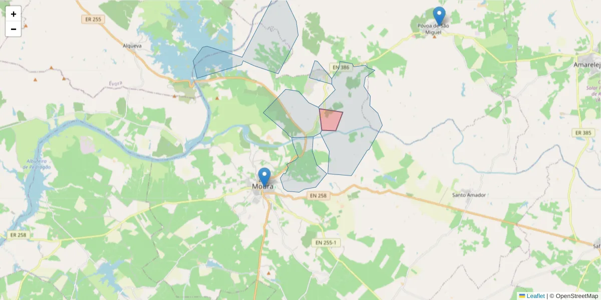 Mapa detalhado do código postal 7860-074 com limites, códigos postais vizinhos e agências dos correios