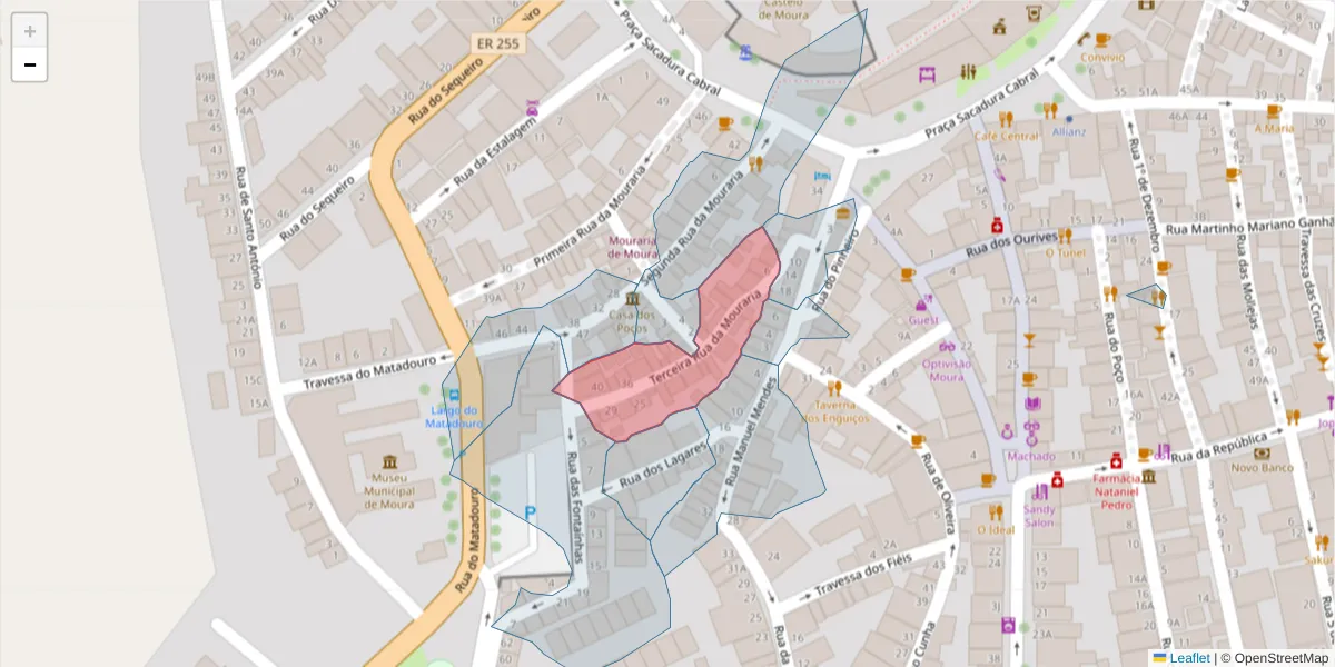Mapa detalhado do código postal 7860-104 com limites, códigos postais vizinhos e agências dos correios