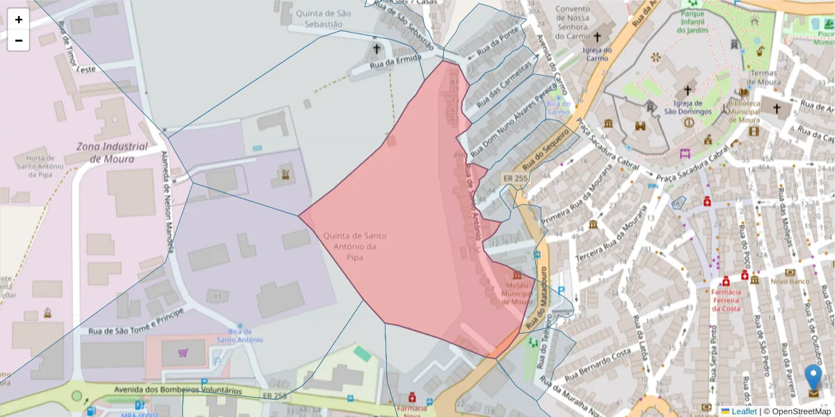 Mapa detalhado do código postal 7860-155 com limites, códigos postais vizinhos e agências dos correios