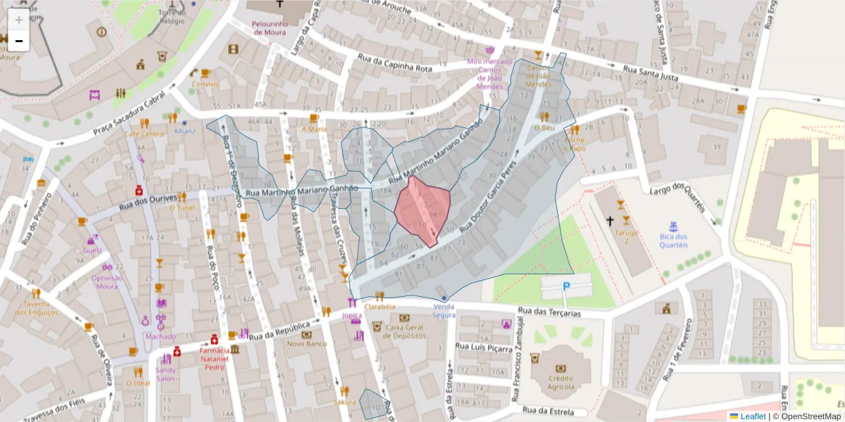 Mapa detalhado do código postal 7860-185 com limites, códigos postais vizinhos e agências dos correios