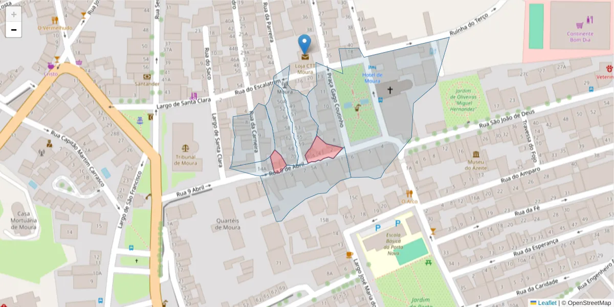 Mapa detalhado do código postal 7860-216 com limites, códigos postais vizinhos e agências dos correios