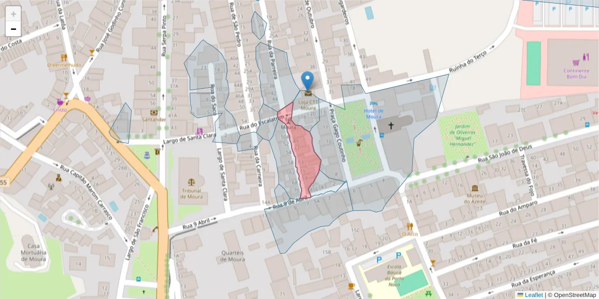 Mapa detalhado do código postal 7860-239 com limites, códigos postais vizinhos e agências dos correios