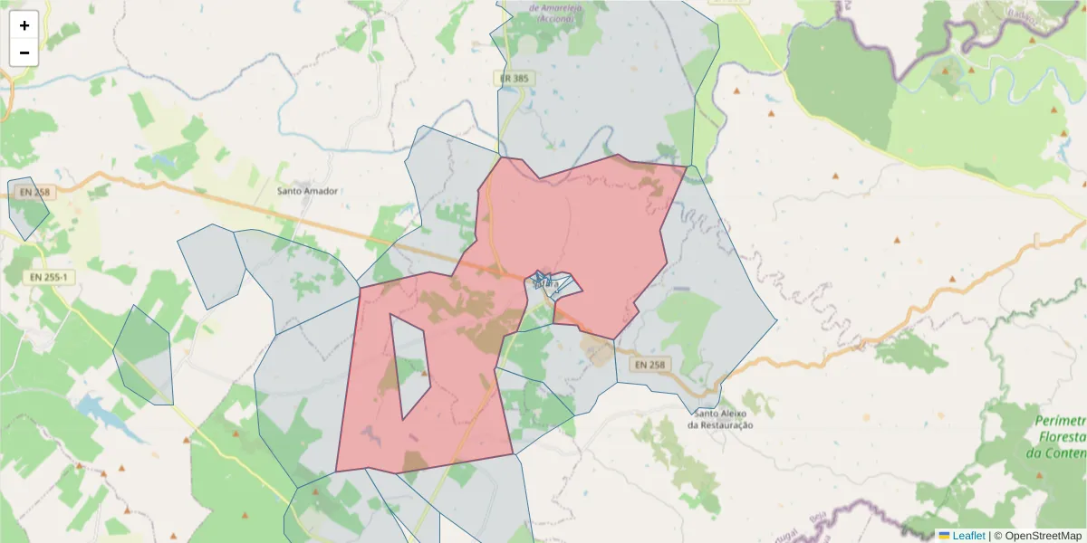 Mapa detalhado do código postal 7875-055 com limites, códigos postais vizinhos e agências dos correios