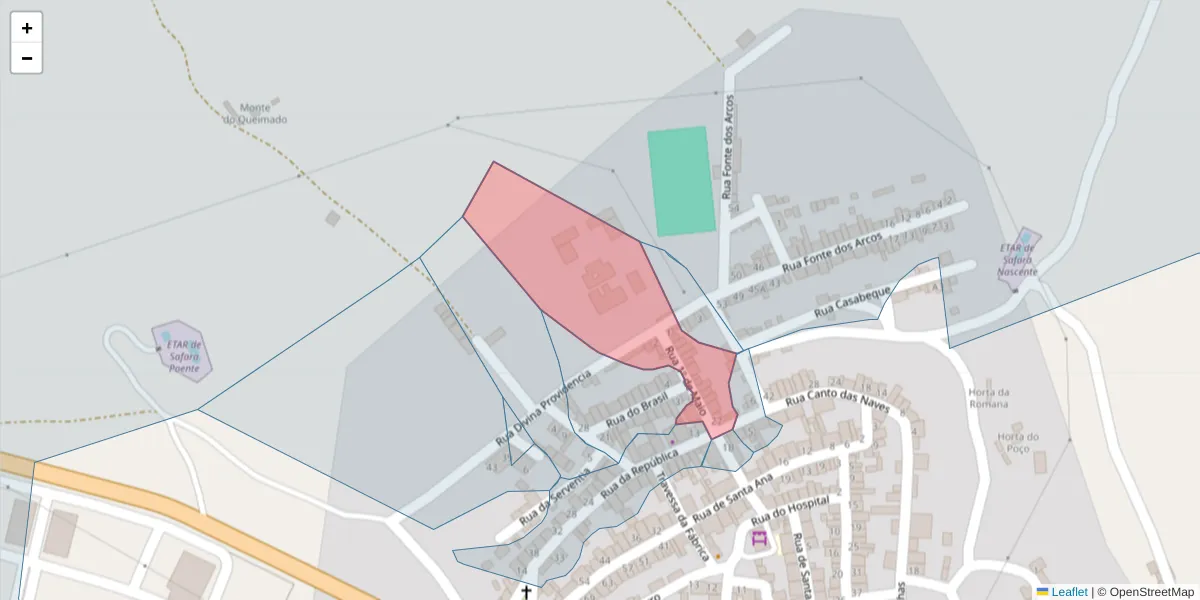 Mapa detalhado do código postal 7875-076 com limites, códigos postais vizinhos e agências dos correios