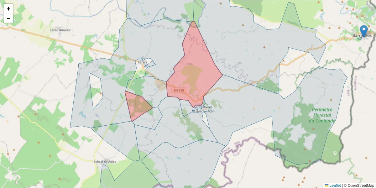 Mapa detalhado do código postal 7875-102 com limites, códigos postais vizinhos e agências dos correios
