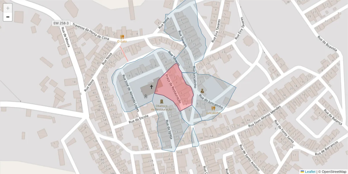 Mapa detalhado do código postal 7875-150 com limites, códigos postais vizinhos e agências dos correios