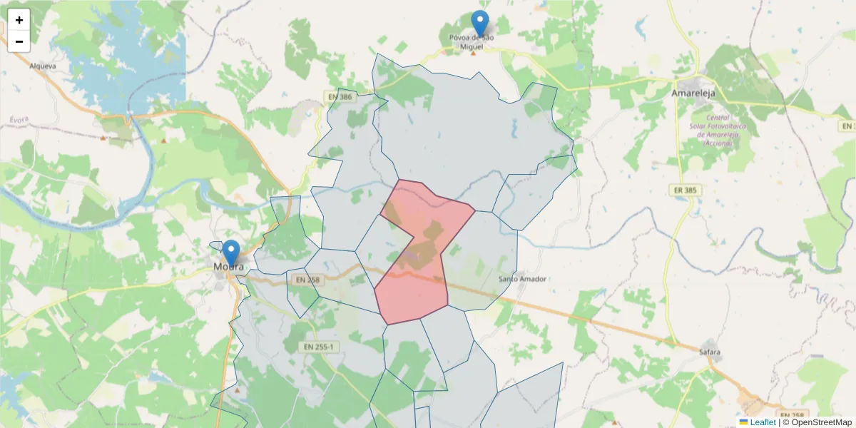 Mapa detalhado do código postal 7875-201 com limites, códigos postais vizinhos e agências dos correios