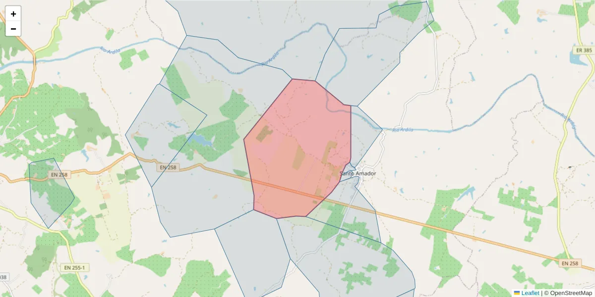 Mapa detalhado do código postal 7875-263 com limites, códigos postais vizinhos e agências dos correios