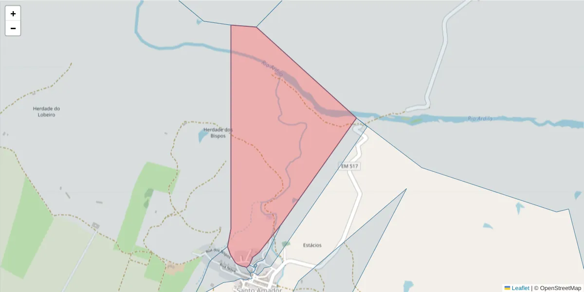 Mapa detalhado do código postal 7875-265 com limites, códigos postais vizinhos e agências dos correios