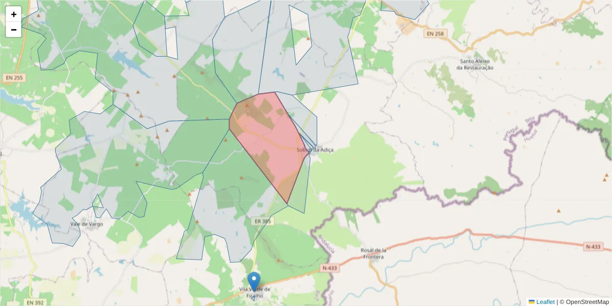 Mapa detalhado do código postal 7875-369 com limites, códigos postais vizinhos e agências dos correios