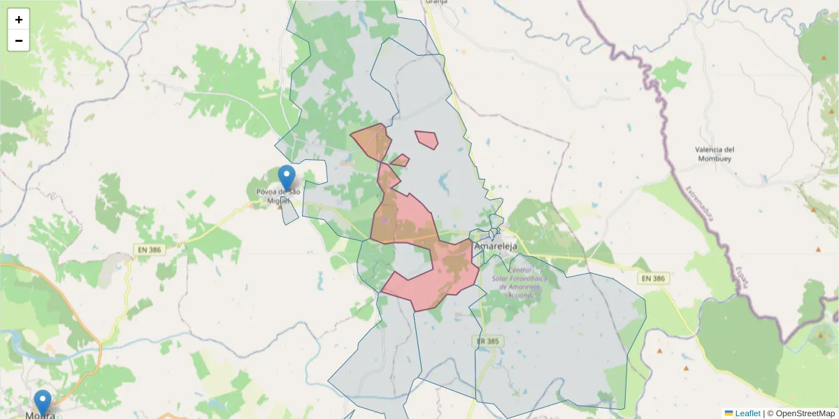 Mapa detalhado do código postal 7885-011 com limites, códigos postais vizinhos e agências dos correios