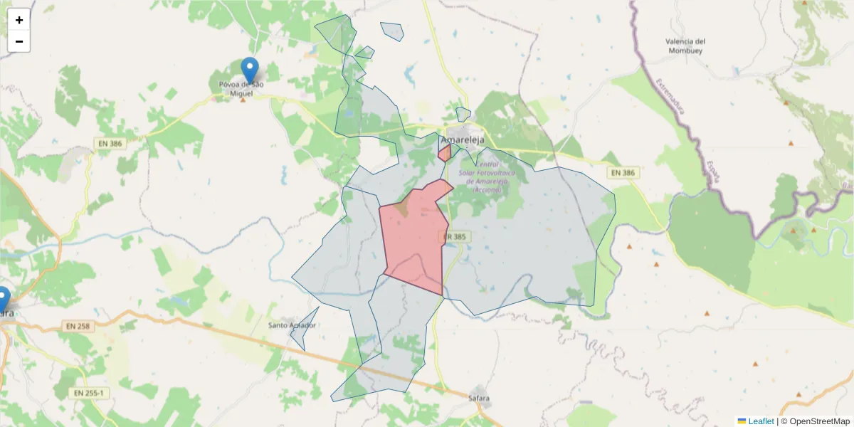 Mapa detalhado do código postal 7885-015 com limites, códigos postais vizinhos e agências dos correios