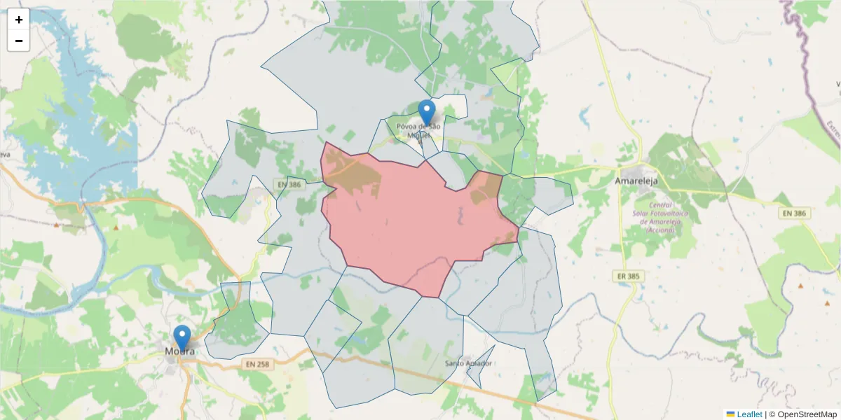 Mapa detalhado do código postal 7885-208 com limites, códigos postais vizinhos e agências dos correios