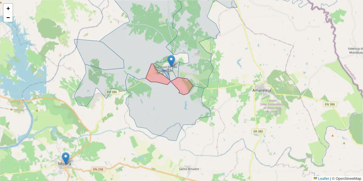 Mapa detalhado do código postal 7885-217 com limites, códigos postais vizinhos e agências dos correios
