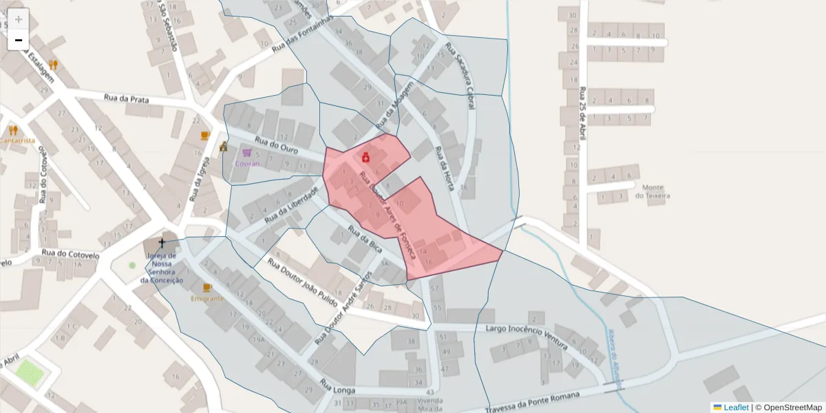 Mapa detalhado do código postal 7900-050 com limites, códigos postais vizinhos e agências dos correios