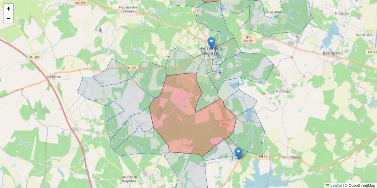 Mapa detalhado do código postal 7900-111 com limites, códigos postais vizinhos e agências dos correios