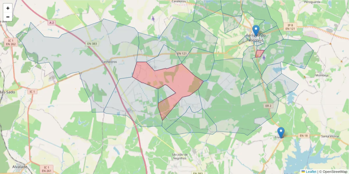 Mapa detalhado do código postal 7900-188 com limites, códigos postais vizinhos e agências dos correios