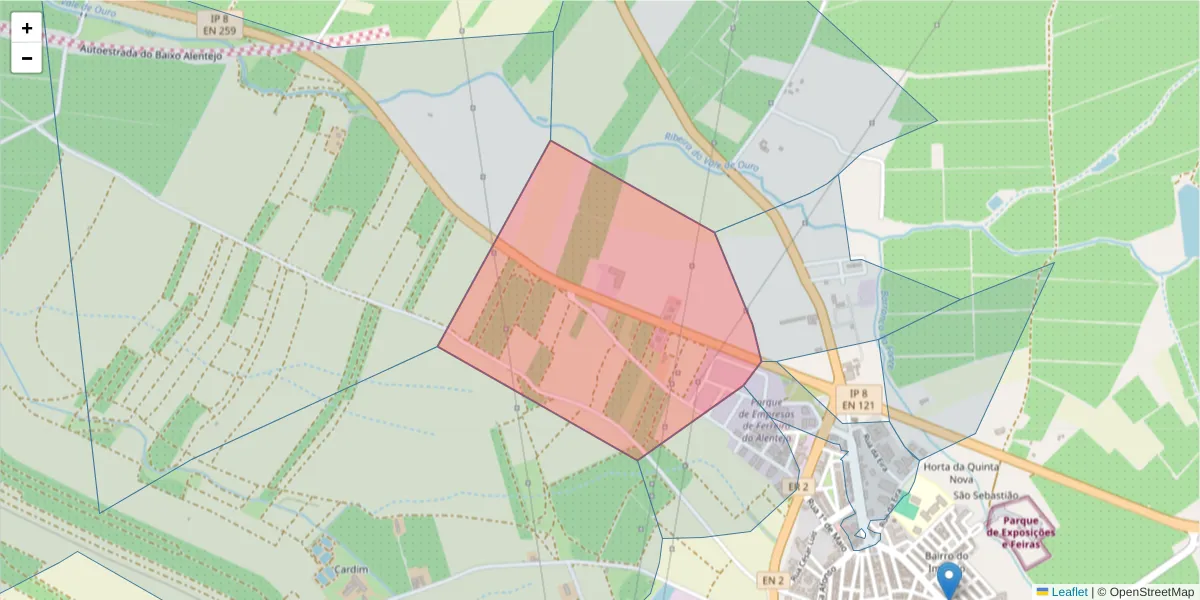 Mapa detalhado do código postal 7900-199 com limites, códigos postais vizinhos e agências dos correios