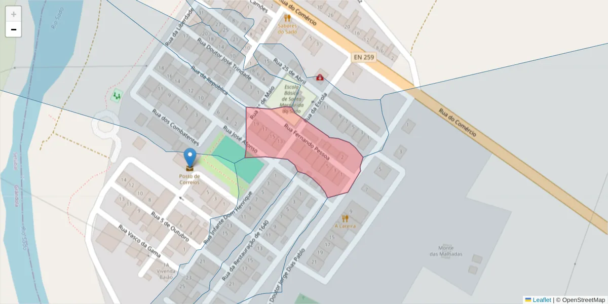 Mapa detalhado do código postal 7900-305 com limites, códigos postais vizinhos e agências dos correios