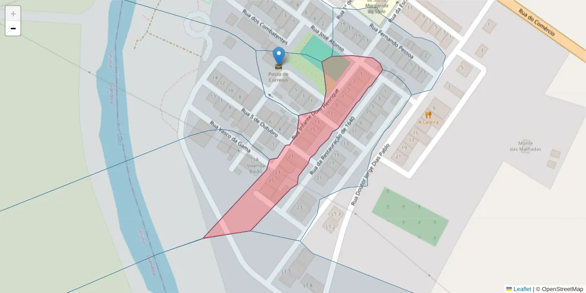 Mapa detalhado do código postal 7900-307 com limites, códigos postais vizinhos e agências dos correios