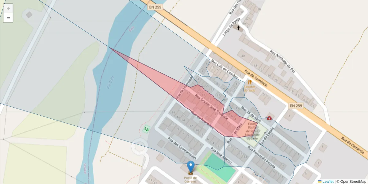 Mapa detalhado do código postal 7900-310 com limites, códigos postais vizinhos e agências dos correios