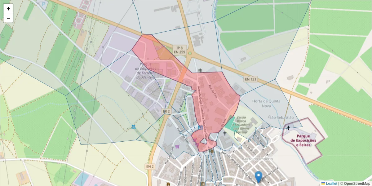 Mapa detalhado do código postal 7900-551 com limites, códigos postais vizinhos e agências dos correios