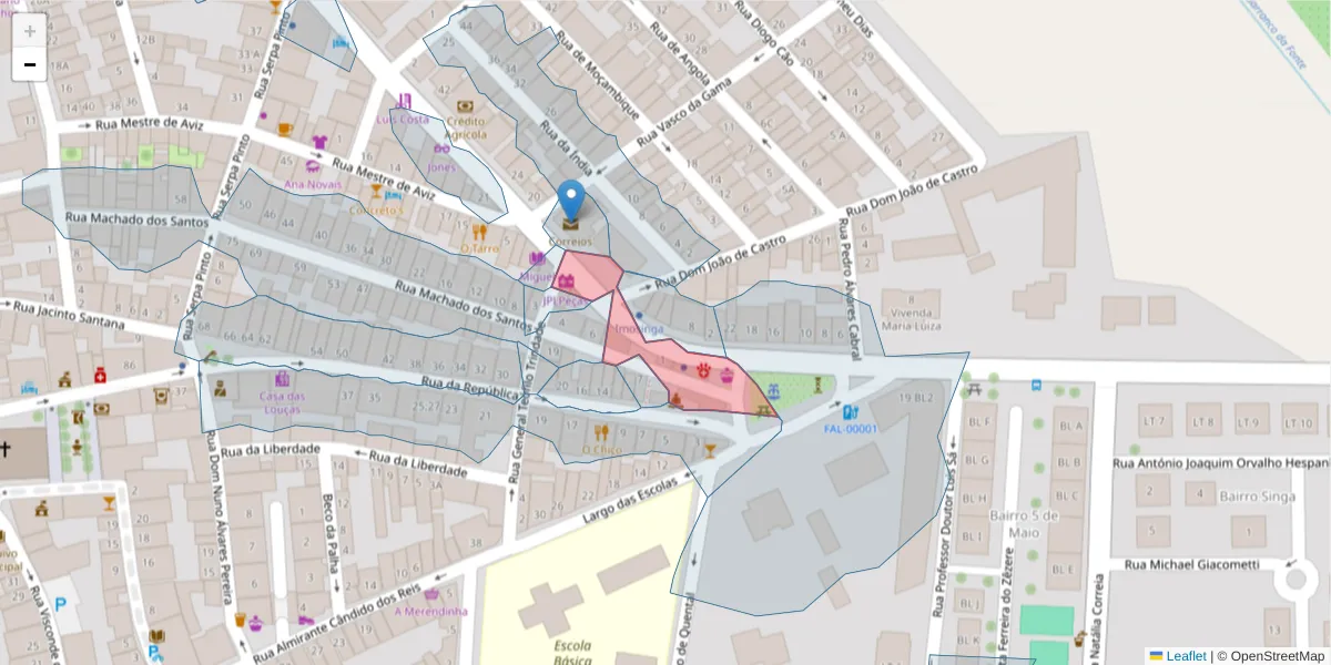 Mapa detalhado do código postal 7900-552 com limites, códigos postais vizinhos e agências dos correios