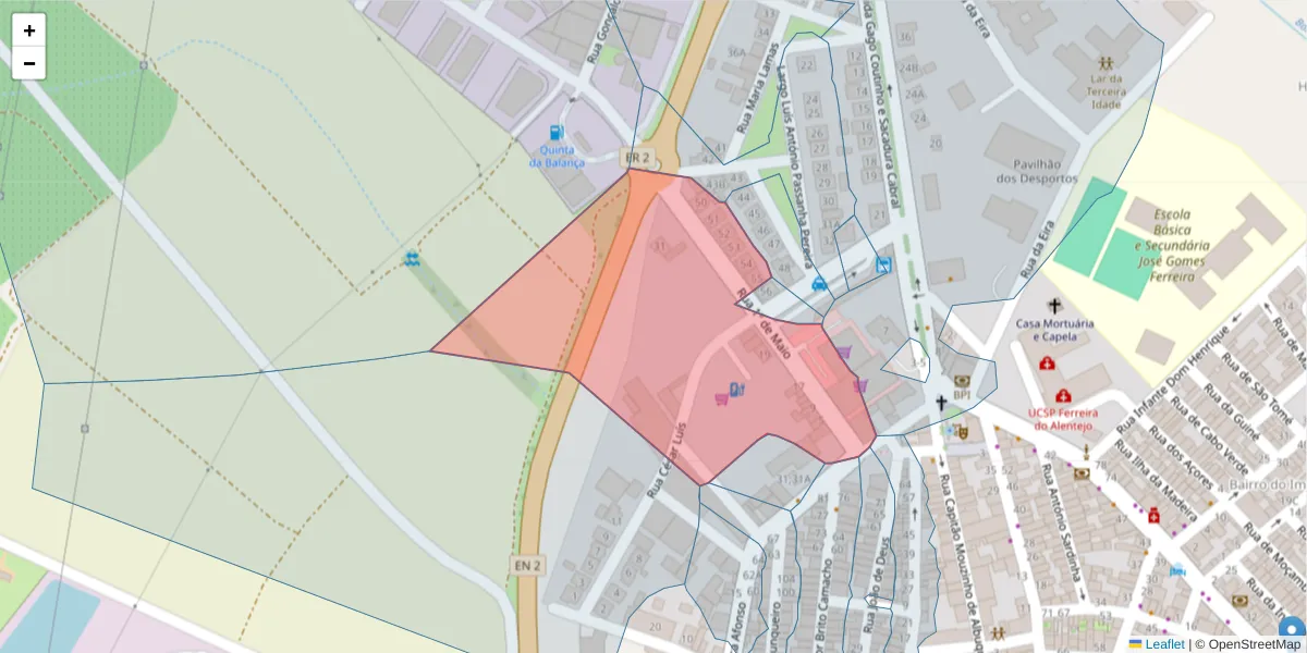 Mapa detalhado do código postal 7900-573 com limites, códigos postais vizinhos e agências dos correios