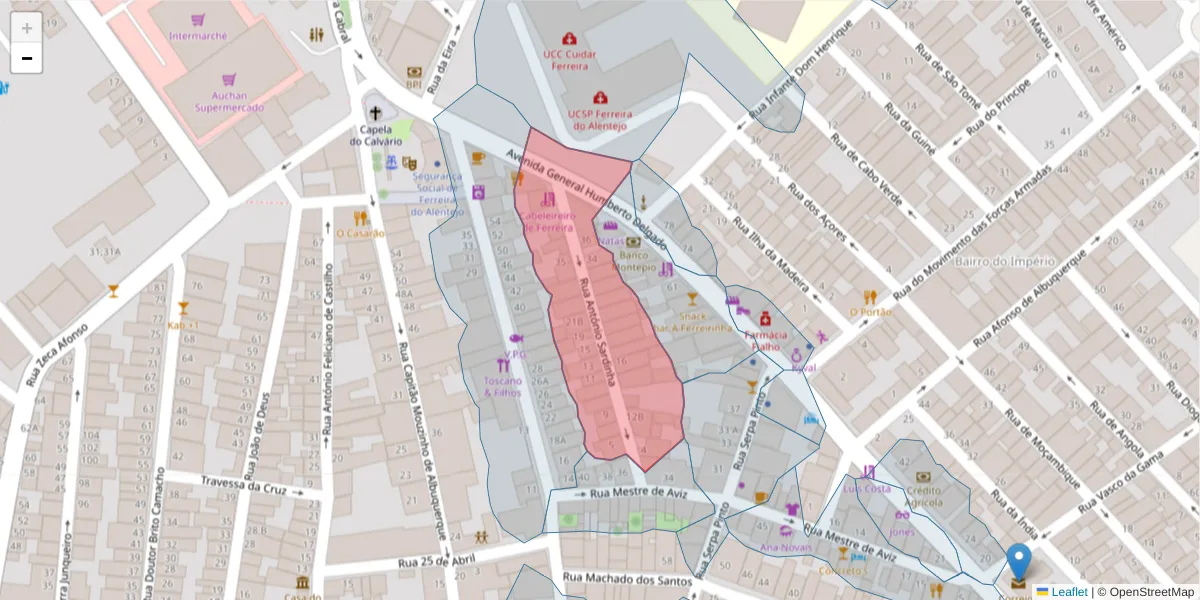 Mapa detalhado do código postal 7900-585 com limites, códigos postais vizinhos e agências dos correios