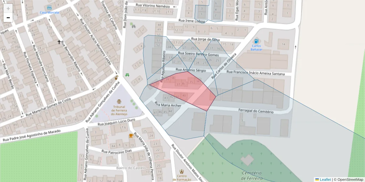 Mapa detalhado do código postal 7900-590 com limites, códigos postais vizinhos e agências dos correios