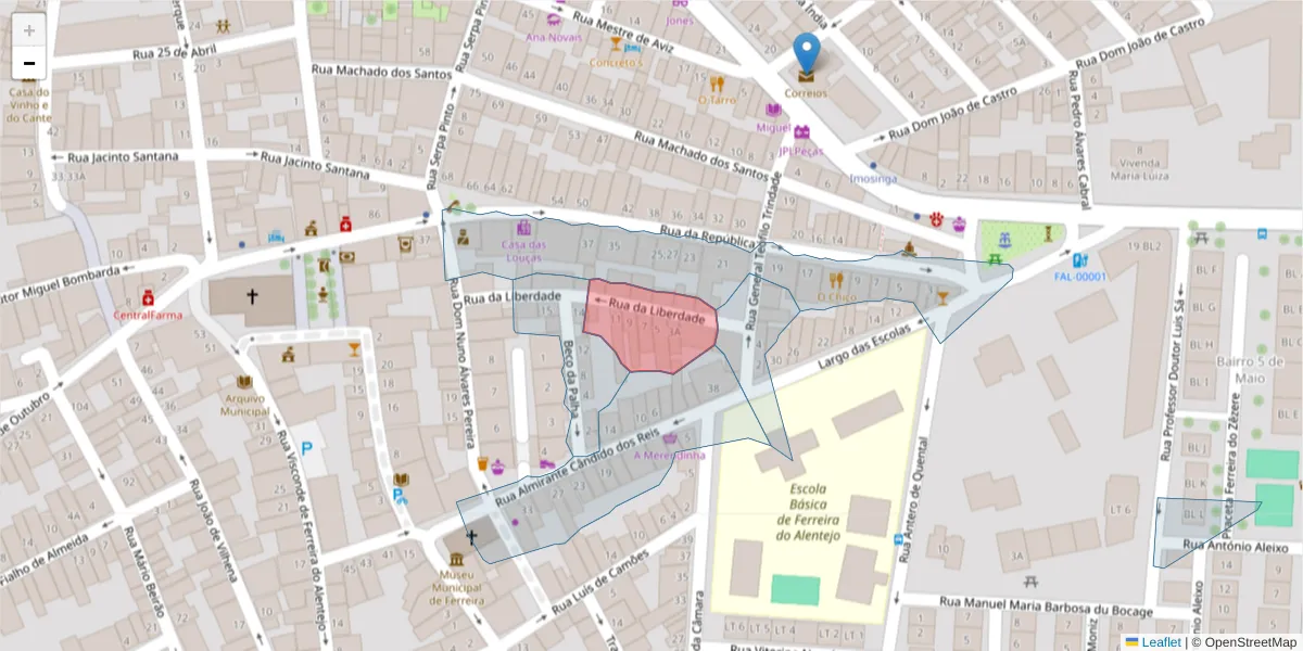 Mapa detalhado do código postal 7900-606 com limites, códigos postais vizinhos e agências dos correios