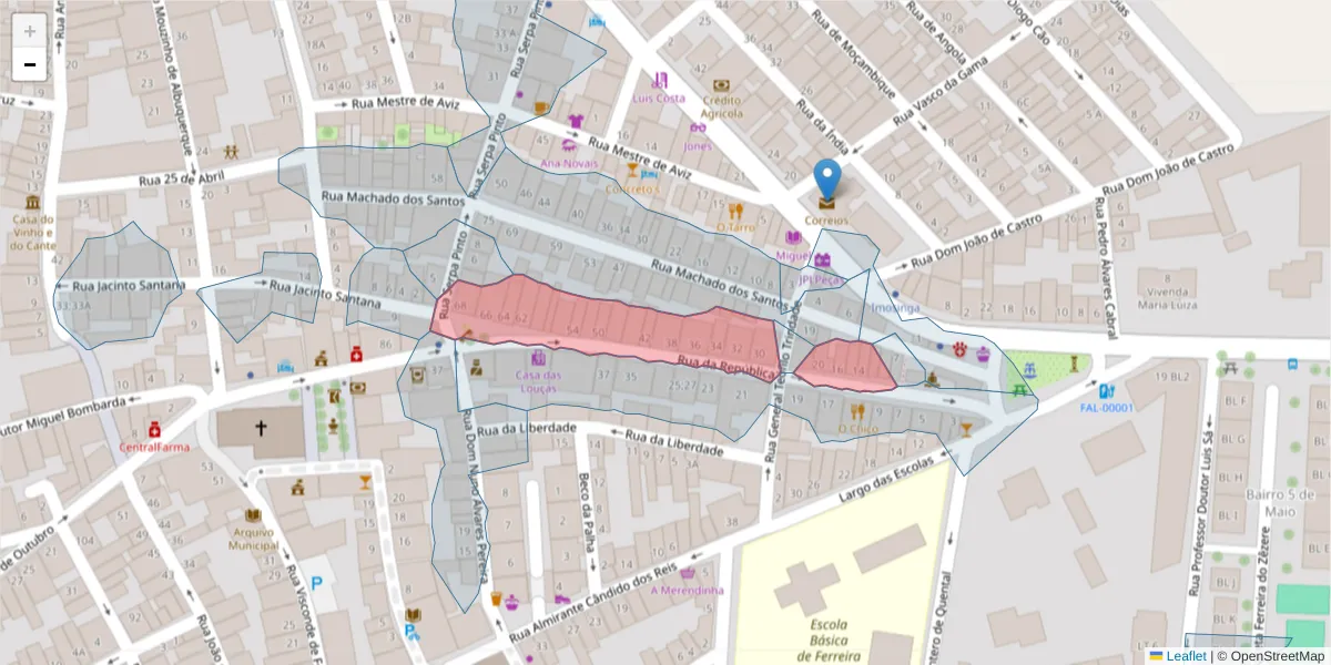 Mapa detalhado do código postal 7900-610 com limites, códigos postais vizinhos e agências dos correios