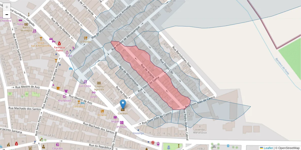 Mapa detalhado do código postal 7900-613 com limites, códigos postais vizinhos e agências dos correios