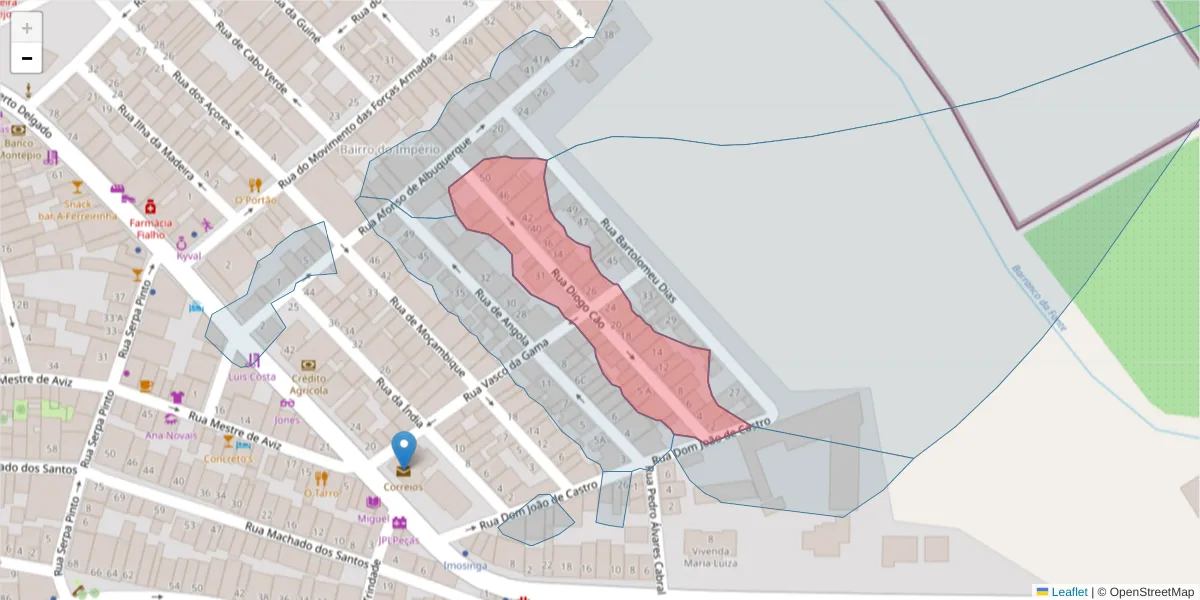 Mapa detalhado do código postal 7900-618 com limites, códigos postais vizinhos e agências dos correios