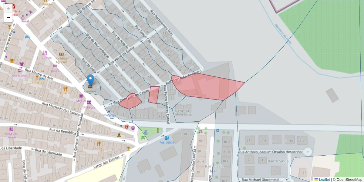 Mapa detalhado do código postal 7900-625 com limites, códigos postais vizinhos e agências dos correios