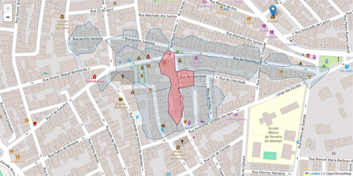 Mapa detalhado do código postal 7900-626 com limites, códigos postais vizinhos e agências dos correios