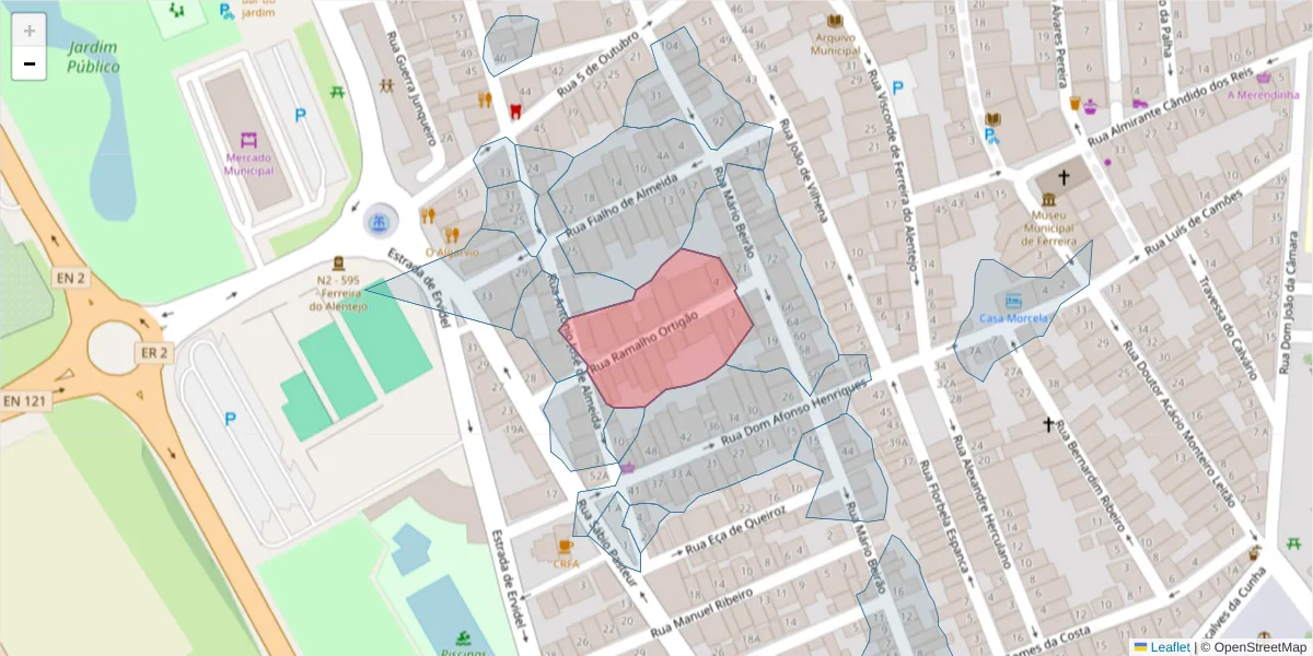 Mapa detalhado do código postal 7900-671 com limites, códigos postais vizinhos e agências dos correios