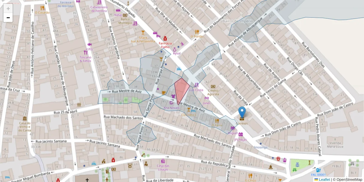 Mapa detalhado do código postal 7900-681 com limites, códigos postais vizinhos e agências dos correios