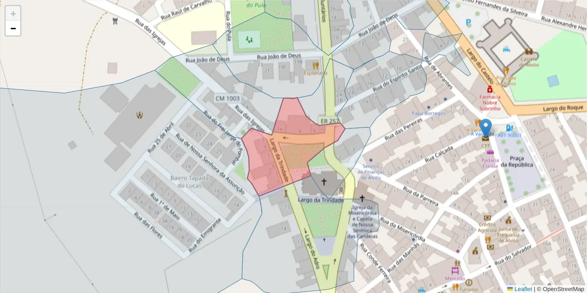 Mapa detalhado do código postal 7920-018 com limites, códigos postais vizinhos e agências dos correios