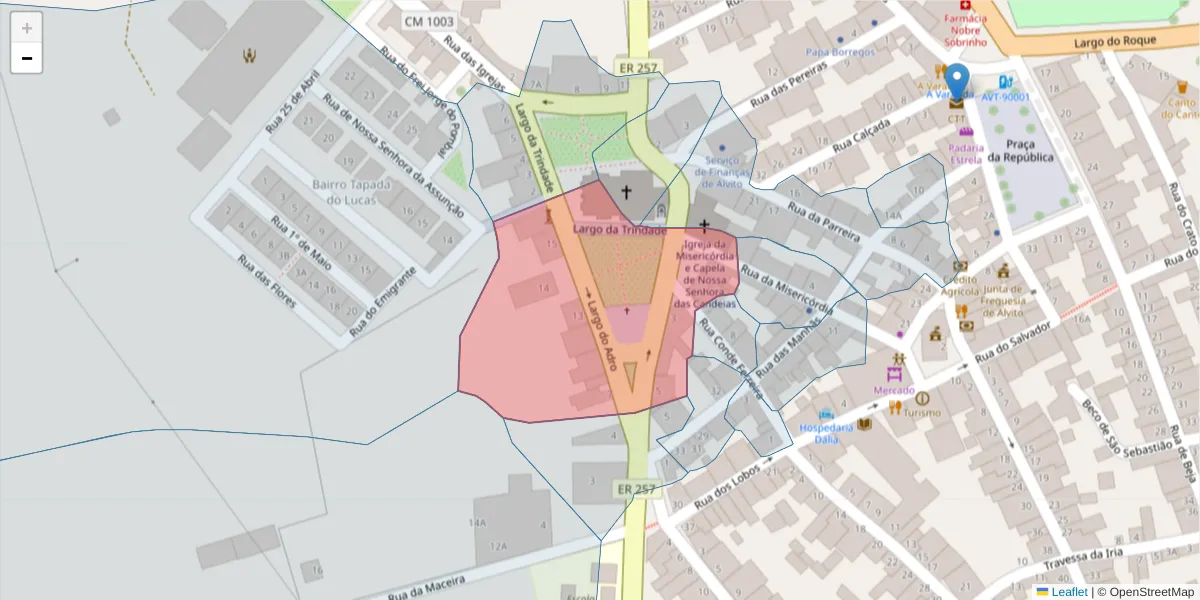 Mapa detalhado do código postal 7920-021 com limites, códigos postais vizinhos e agências dos correios