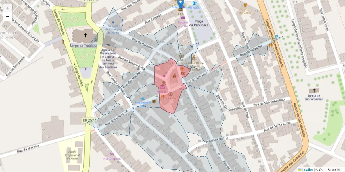 Mapa detalhado do código postal 7920-022 com limites, códigos postais vizinhos e agências dos correios