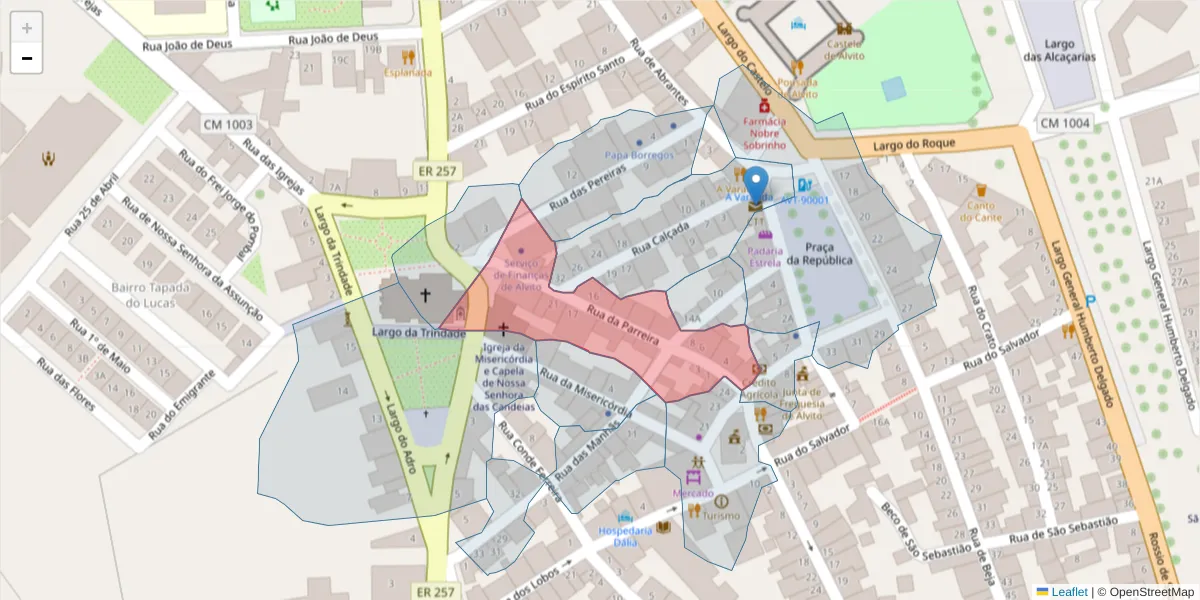 Mapa detalhado do código postal 7920-039 com limites, códigos postais vizinhos e agências dos correios